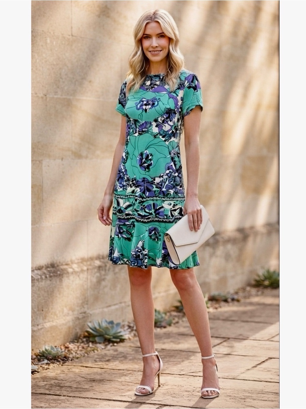 DONNA MORGAN Women’s Size 4 Floral Dress Short Sleeve Mini Ruffle Hem Green